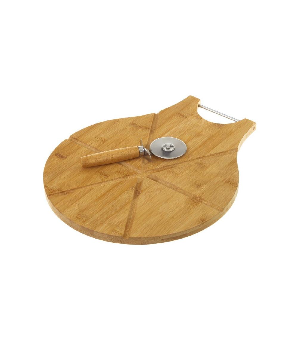 wadiga Assiette à pizza en bambou avec roulette à découper - D32cm