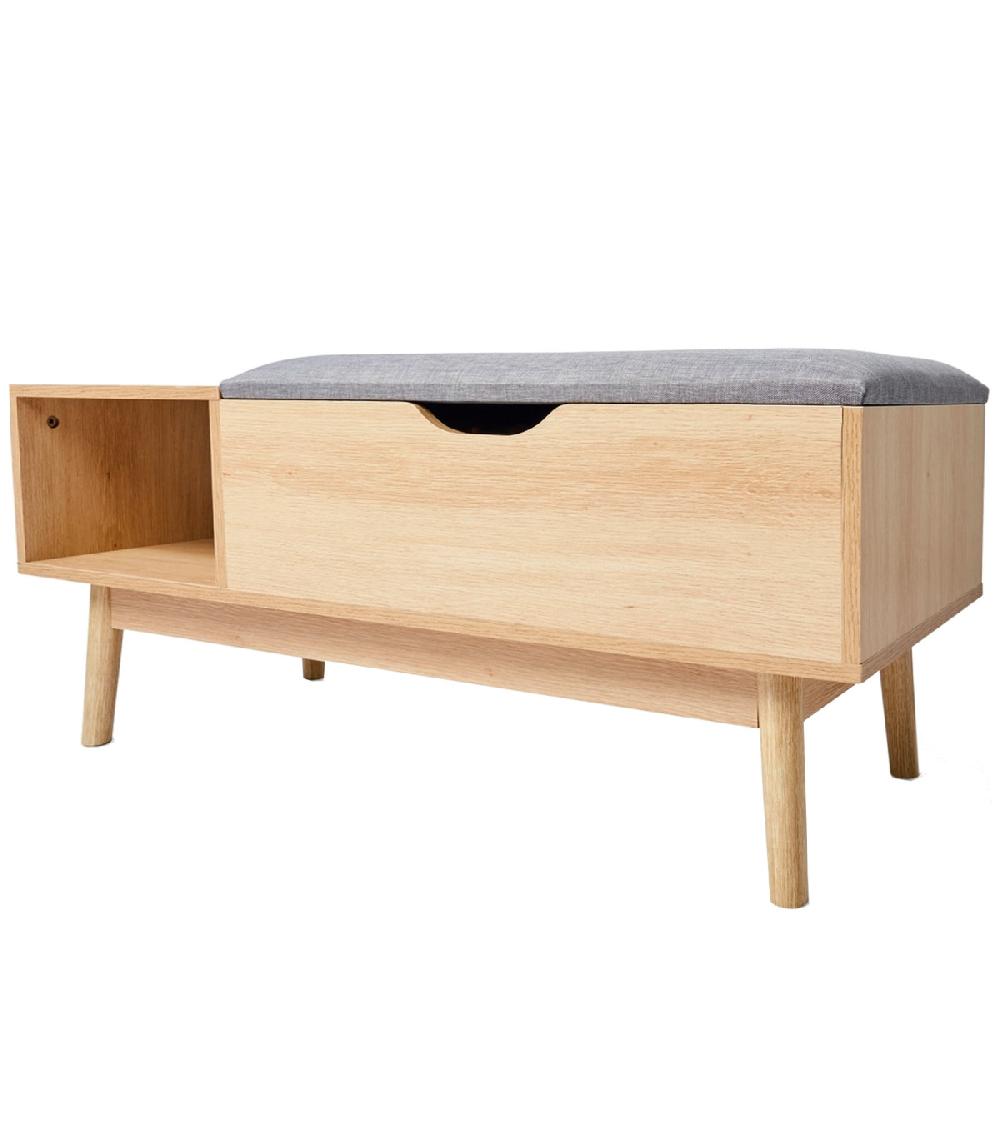 wadiga Banc entrée 1 tiroir et 1 casier en bois et assise polyester gris 100x40x45cm