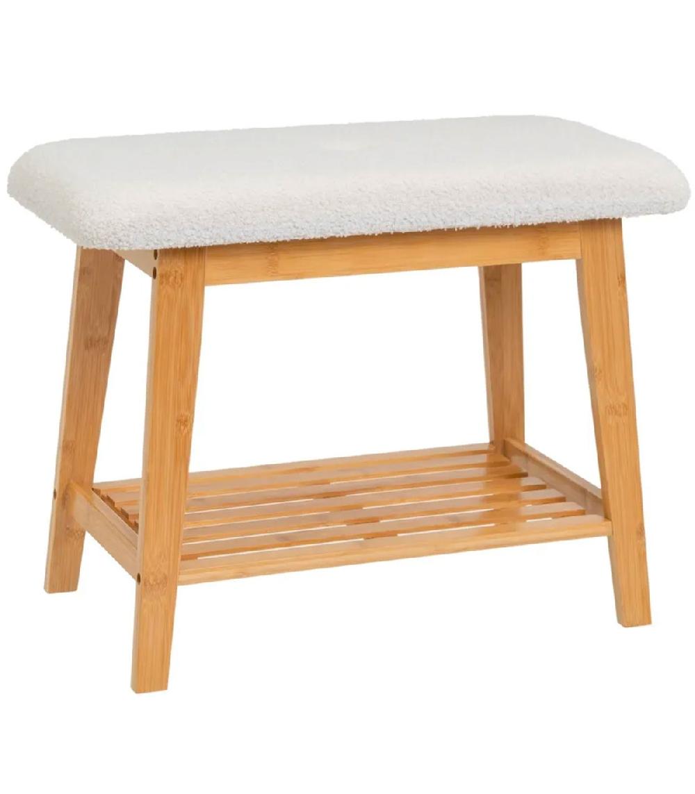 wadiga Banquette bambou et assise tissu bouclette blanc 60x30x45cm