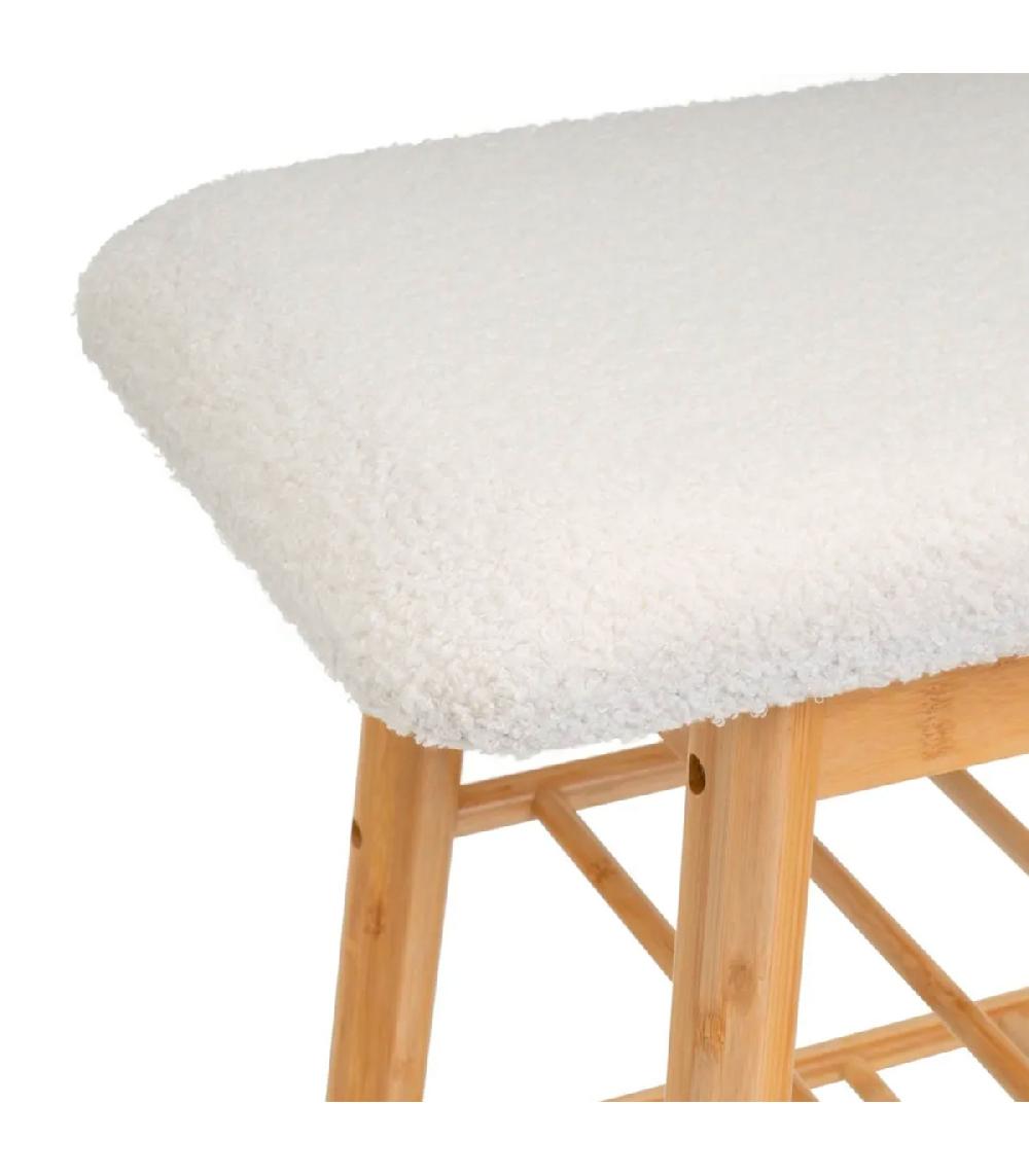 Wadiga Banquette Bambou Et Assise Tissu Bouclette Blanc 91x30x45cm