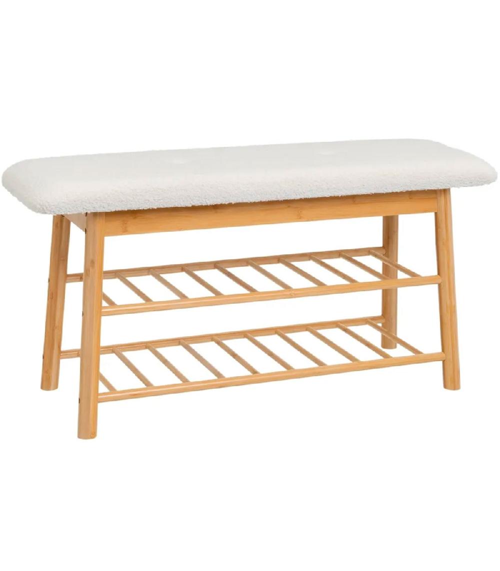 wadiga Banquette bambou et assise tissu bouclette blanc 91x30x45cm