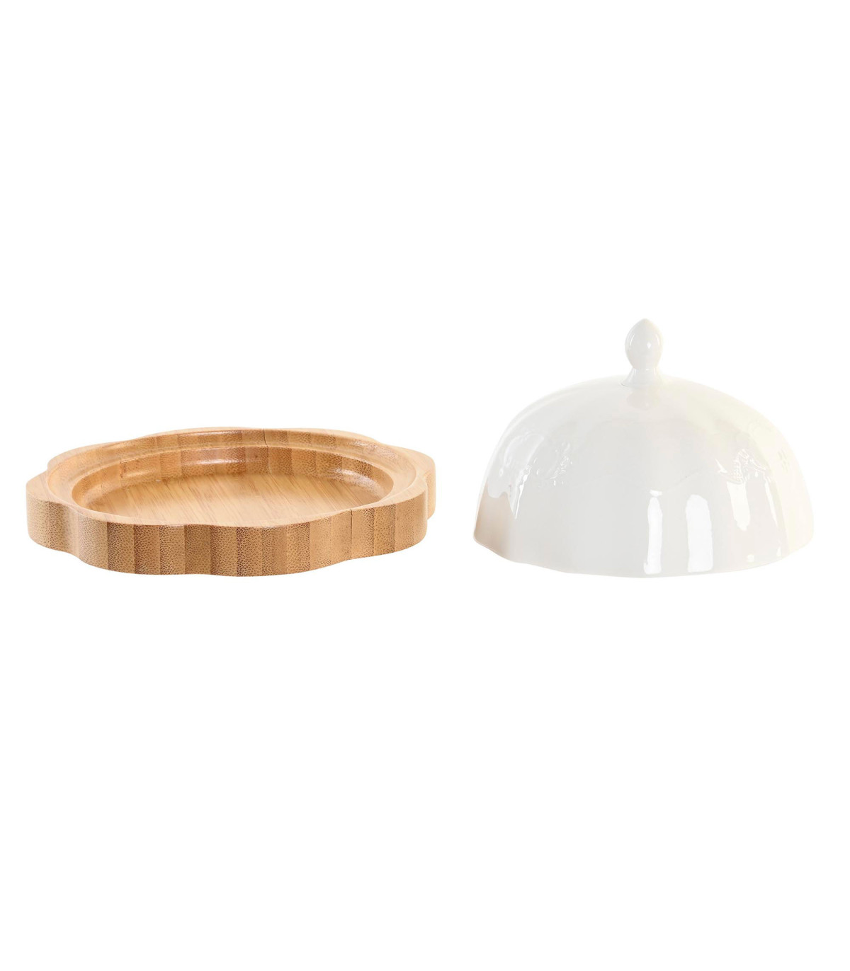 Wadiga Beurrier Rond En Porcelaine Blanche Et Bambou 17.5x17.5x10cm