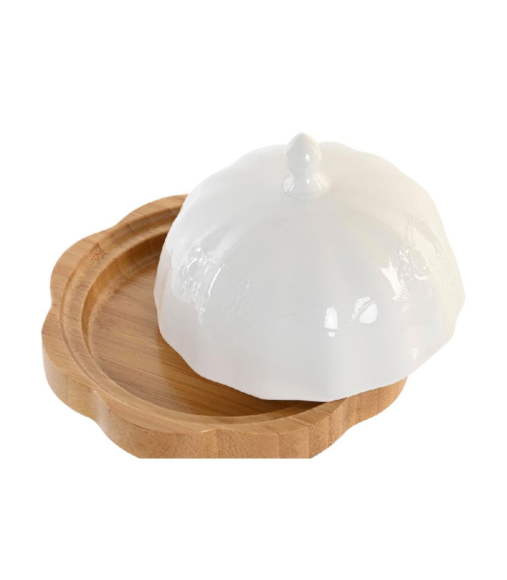 Wadiga Beurrier Rond En Porcelaine Blanche Et Bambou 17.5x17.5x10cm