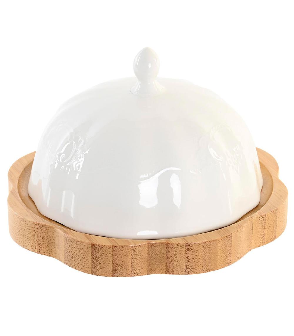wadiga Beurrier rond en porcelaine blanche et bambou 17.5x17.5x10cm