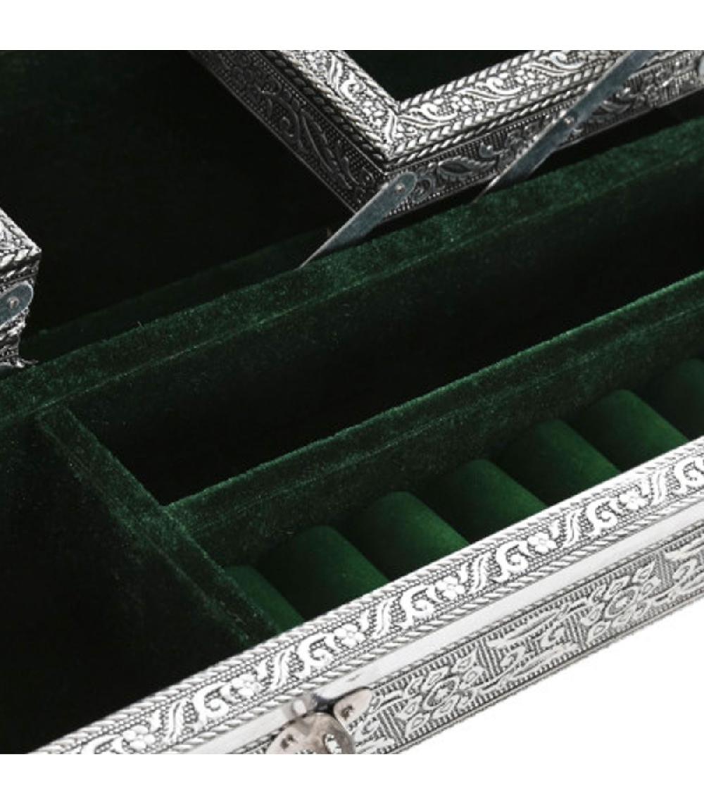 Wadiga Boîte à Bijoux Articulé En Métal Argenté Paon 38x20x7.5cm