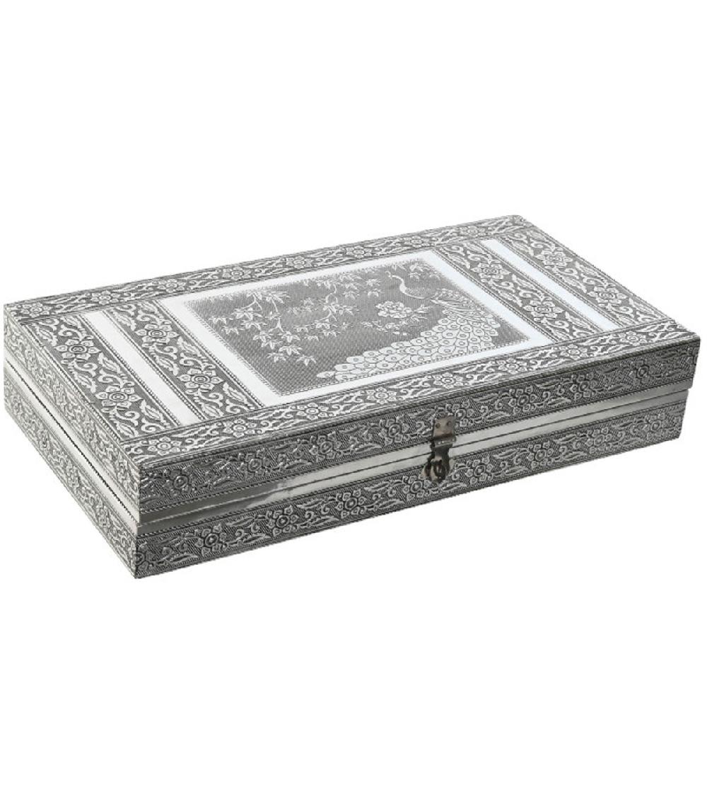 Wadiga Boîte à Bijoux Articulé En Métal Argenté Paon 38x20x7.5cm