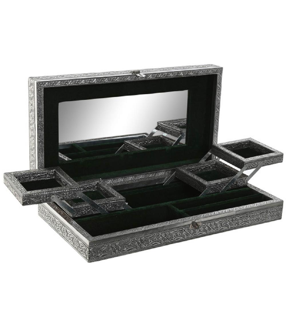 wadiga Boîte à bijoux articulé en métal argenté paon 38x20x7.5cm