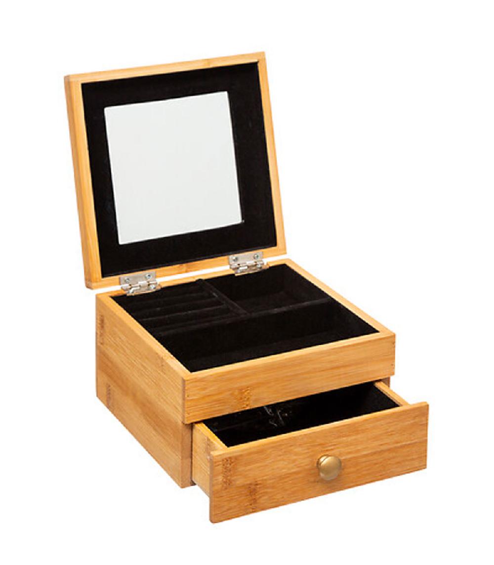 Wadiga Boîte à Bijoux En Bambou Avec Miroir 15x15x9.5cm