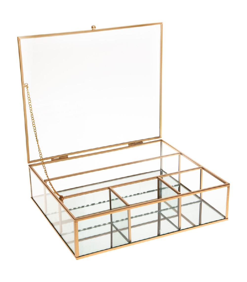 Wadiga Boîte à Bijoux En Métal Doré Et Verre 5 Compartiments 27x22.5x7cm