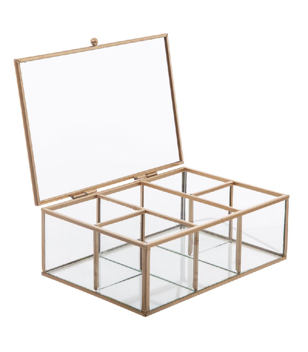 Wadiga Boîte à Bijoux En Métal Doré Et Verre 5 Compartiments 20x14x7cm