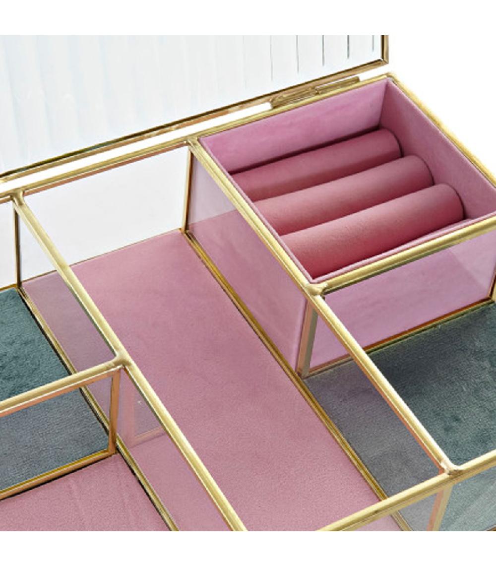 Wadiga Boîte à Bijoux En Métal Doré Velours Et Verre 25x17x5.5cm