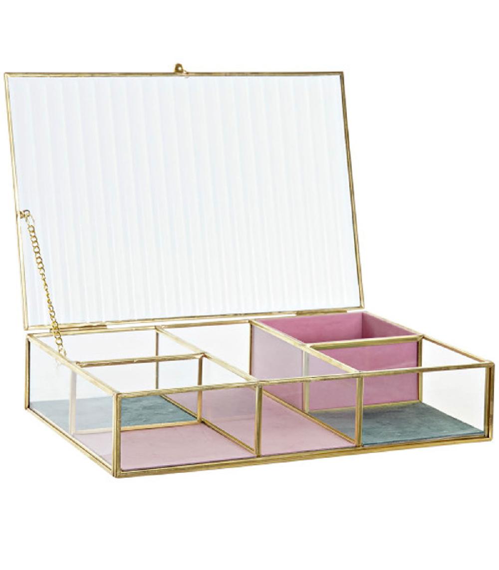 wadiga Boîte à bijoux en métal doré velours et verre 25x17x5.5cm