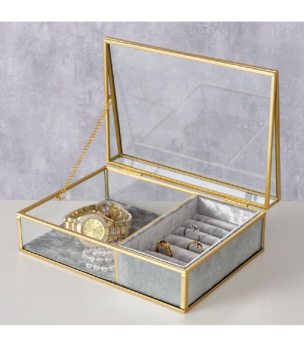 Wadiga Boîte à Bijoux En Métal Doré Verre Et Velours Gris 23x16x8cm