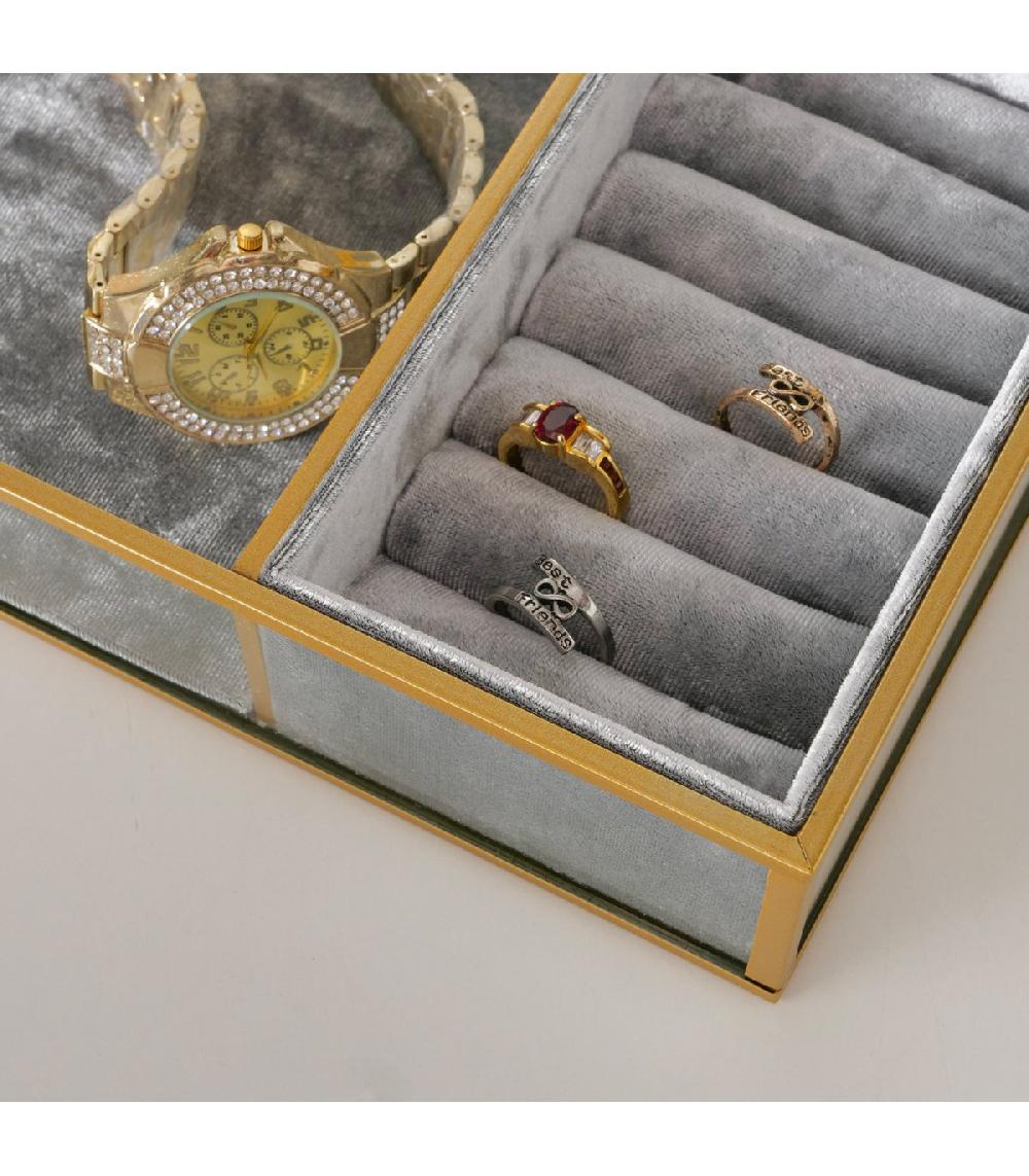 Wadiga Boîte à Bijoux En Métal Doré Verre Et Velours Gris 23x16x8cm