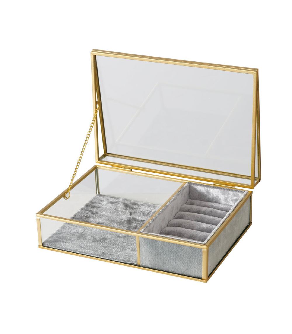 wadiga Boîte à bijoux en métal doré verre et velours gris 23x16x8cm