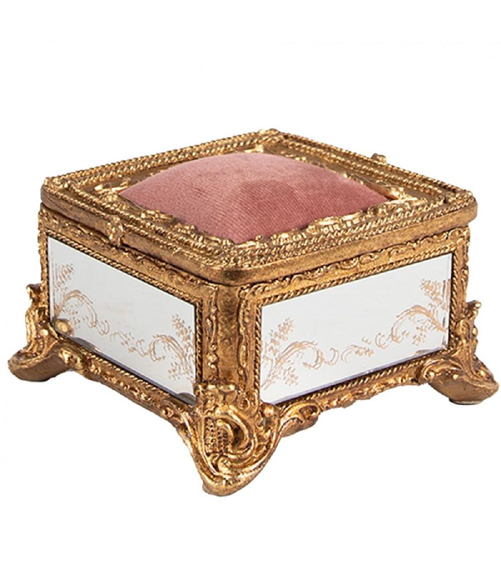 Wadiga Boîte à Bijoux Polyrésine Dorée Et Miroirs Avec Coussin Velours Rose 12x12x7cm