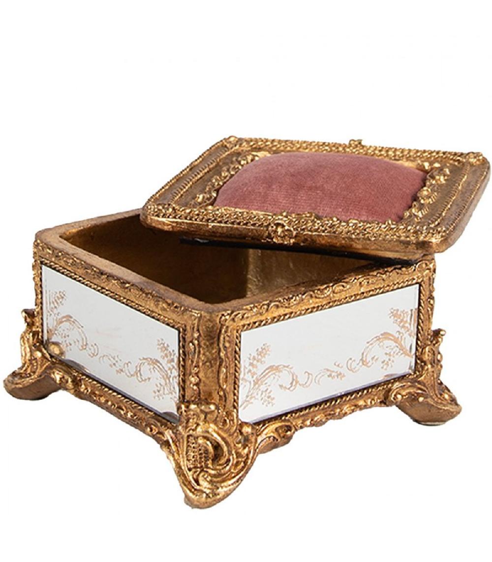 Wadiga Boîte à Bijoux Polyrésine Dorée Et Miroirs Avec Coussin Velours Rose 12x12x7cm