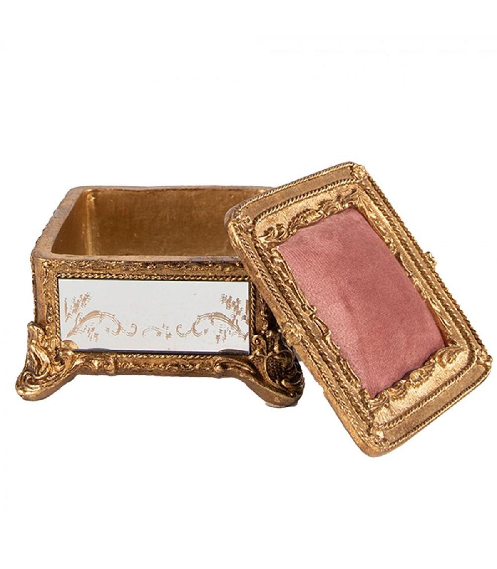 Wadiga Boîte à Bijoux Polyrésine Dorée Et Miroirs Avec Coussin Velours Rose 12x12x7cm