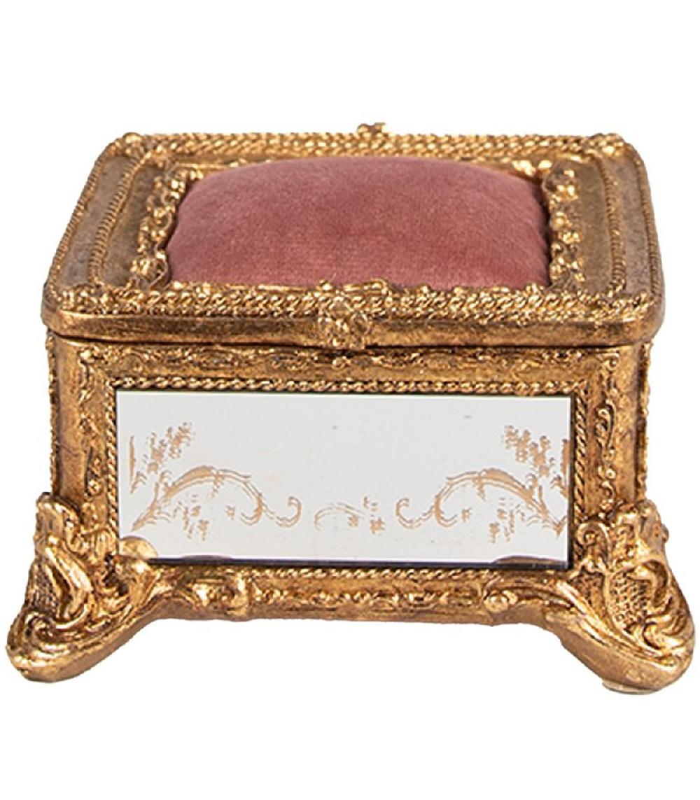 wadiga Boîte à bijoux polyrésine dorée et miroirs avec coussin velours rose 12x12x7cm