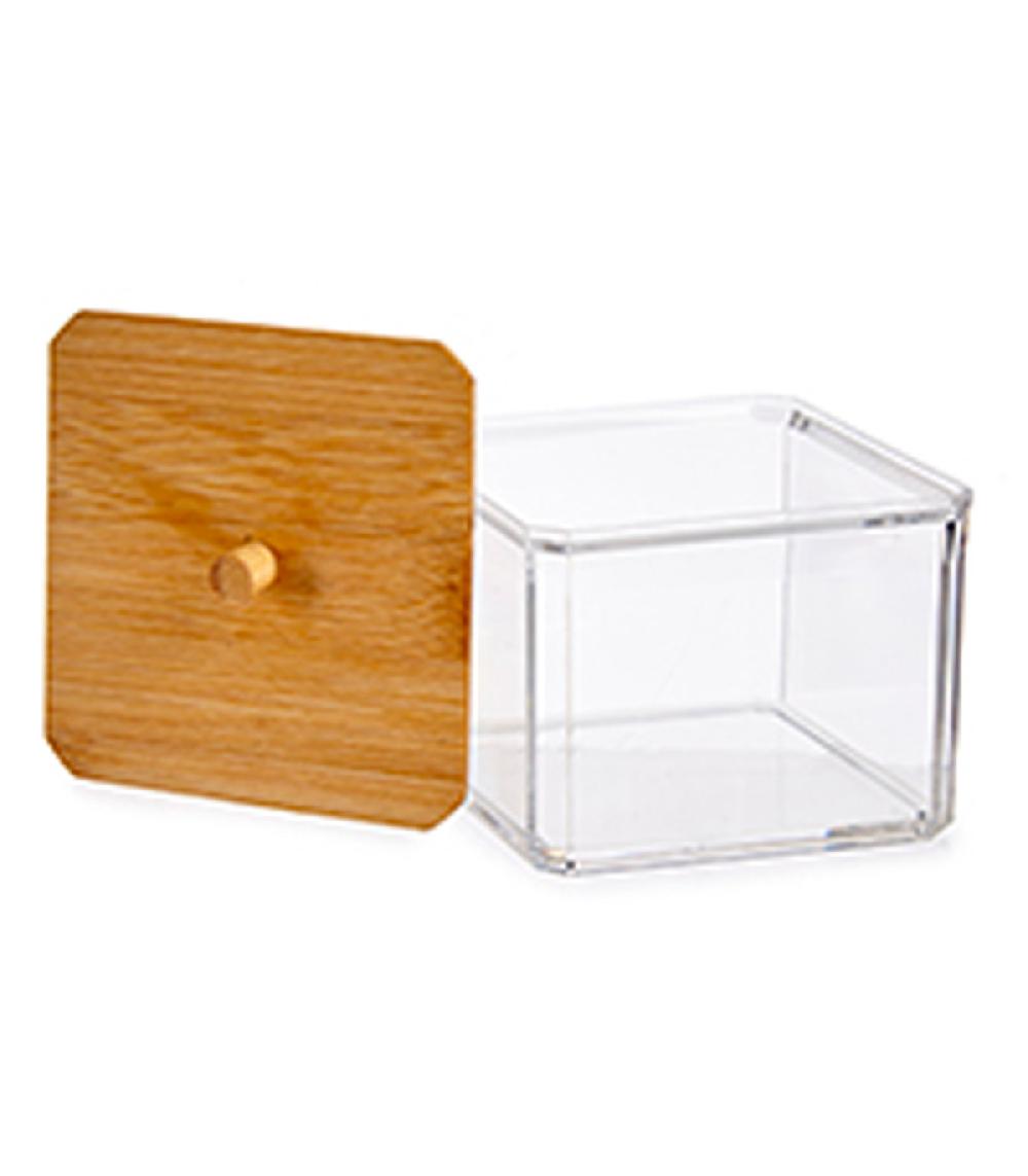 Wadiga Boîte à Coton-tiges Transparent Et Bambou 9.1x9.1x8cm