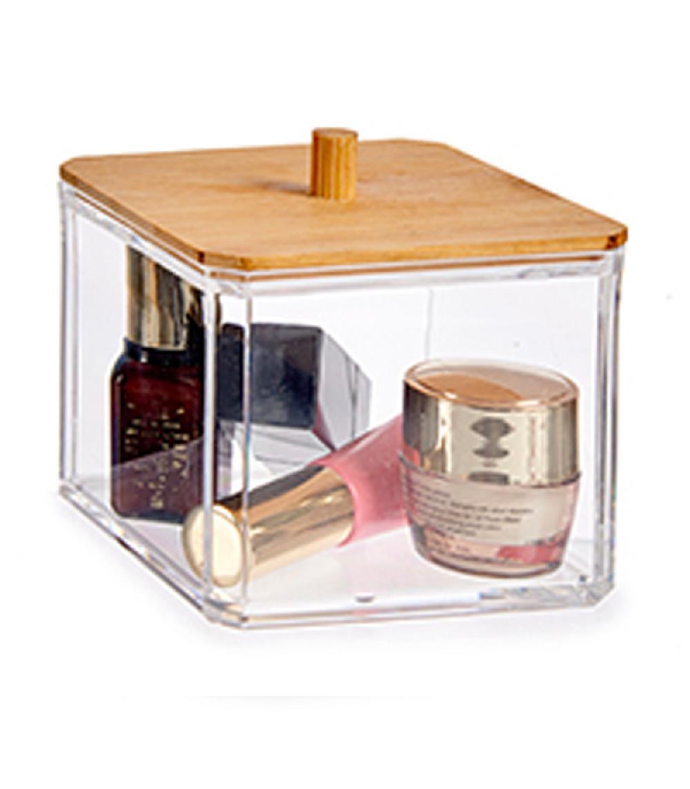 Wadiga Boîte à Coton-tiges Transparent Et Bambou 9.1x9.1x8cm