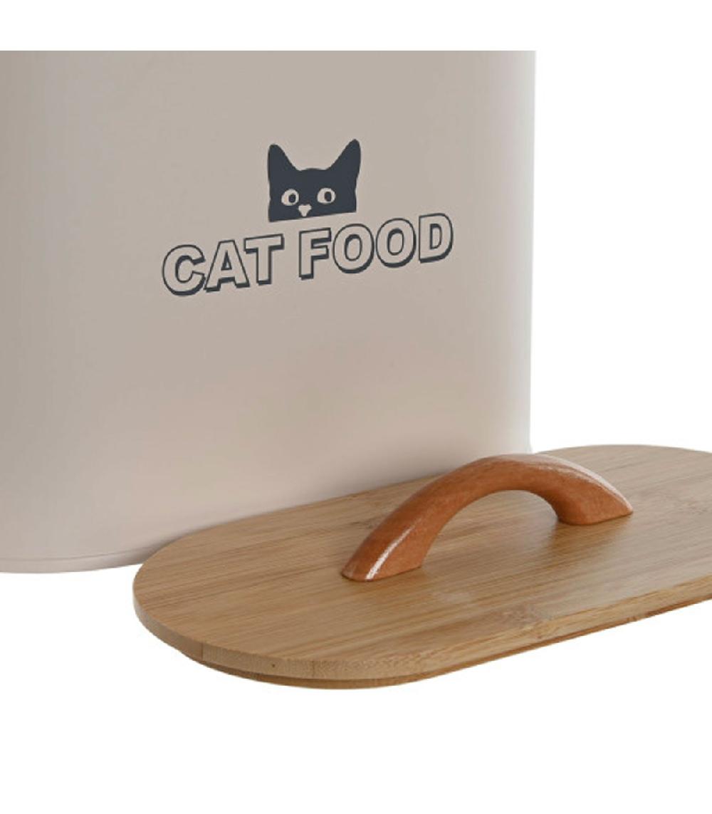 Wadiga Boîte à Croquettes Chat En Métal Beige Et Bambou 20x10x18cm