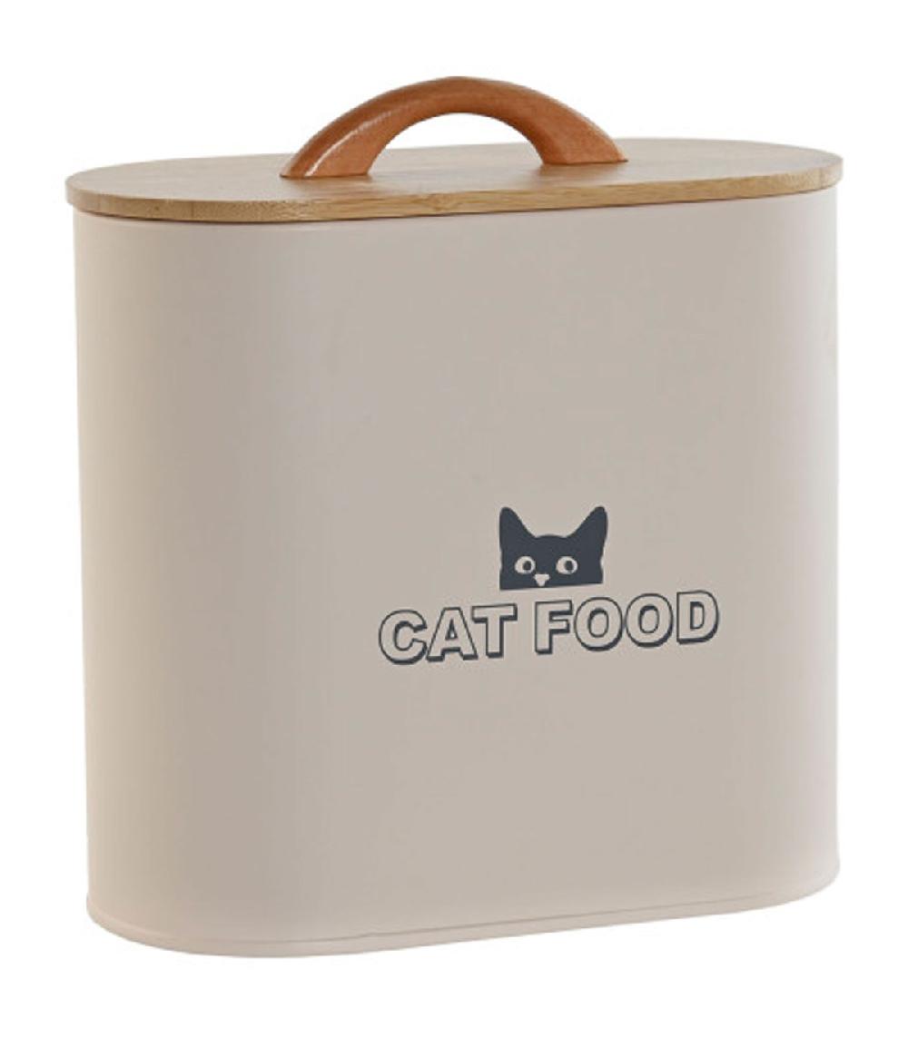 wadiga Boîte à croquettes chat en métal beige et bambou 20x10x18cm