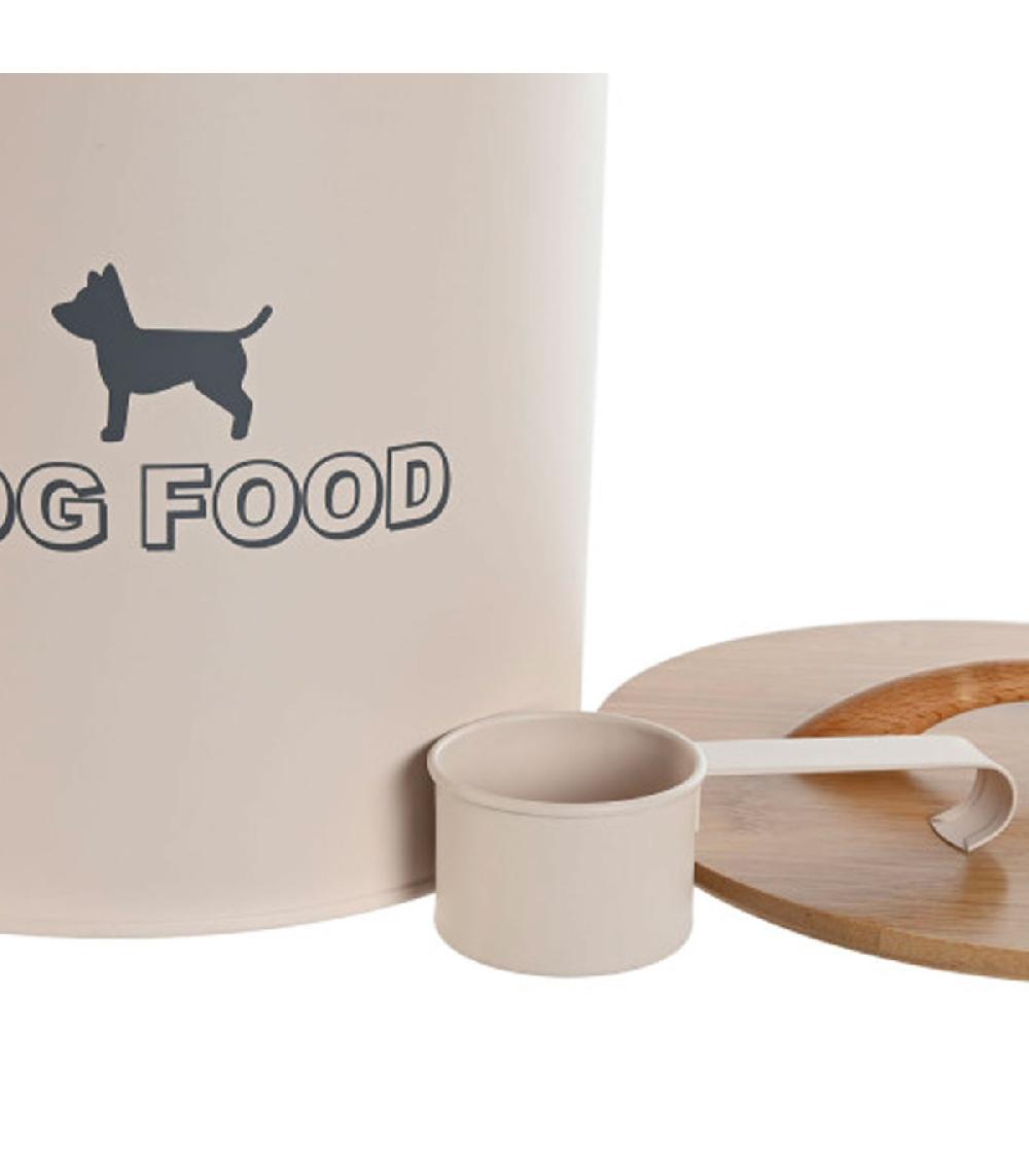 Wadiga Boîte à Croquettes Chien En Métal Beige Et Bambou 21x21x23cm