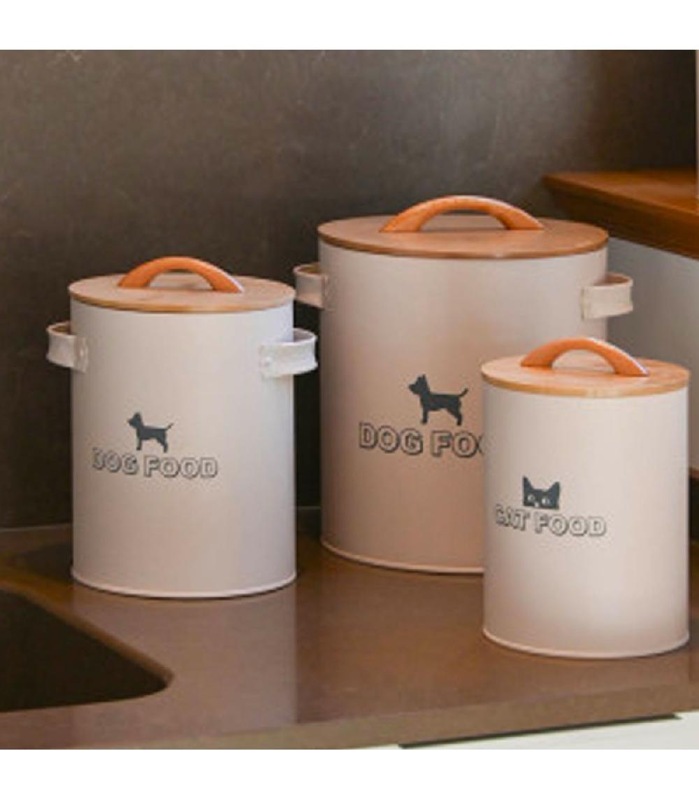 Wadiga Boîte à Croquettes Chien En Métal Beige Et Bambou 21x21x23cm