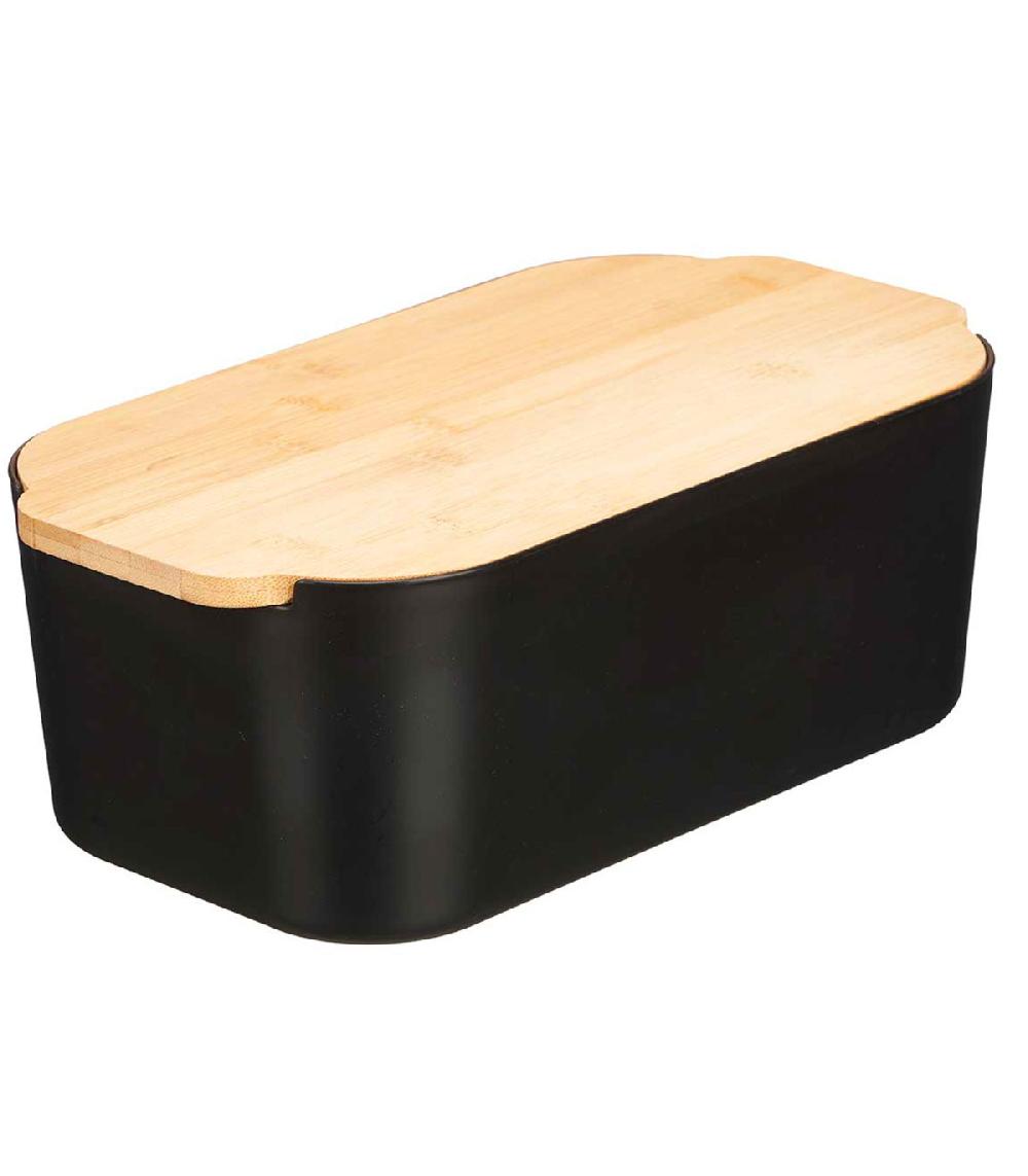 wadiga Boîte à pain en plastique noir et bambou 18.5x33x12cm