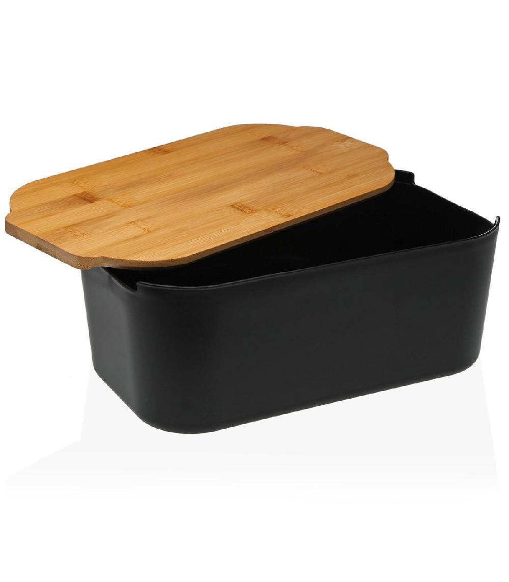 Wadiga Boîte à Pain En Polypropylène Noir Et Couvercle Bambou 33x18.5x12cm