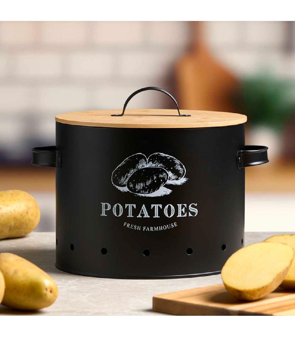 Wadiga Boîte à Pommes De Terre En Métal Noir Et Bambou