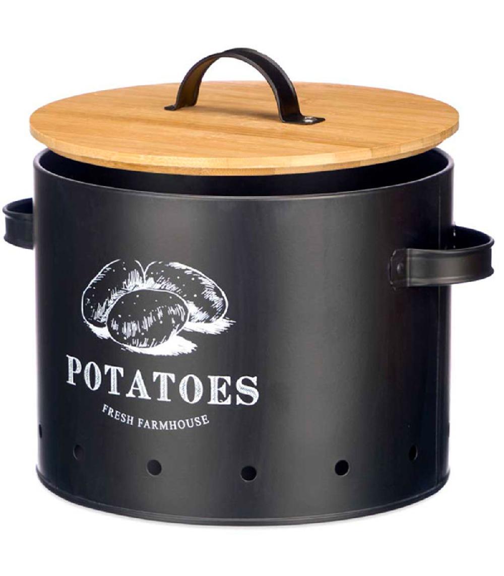 wadiga Boîte à pommes de terre en métal noir et bambou