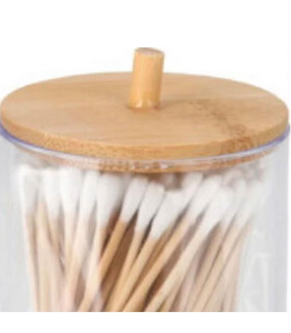 Wadiga Boîte Coton-tiges Ronde Acrylique Et Bambou 7x7x10.5cm