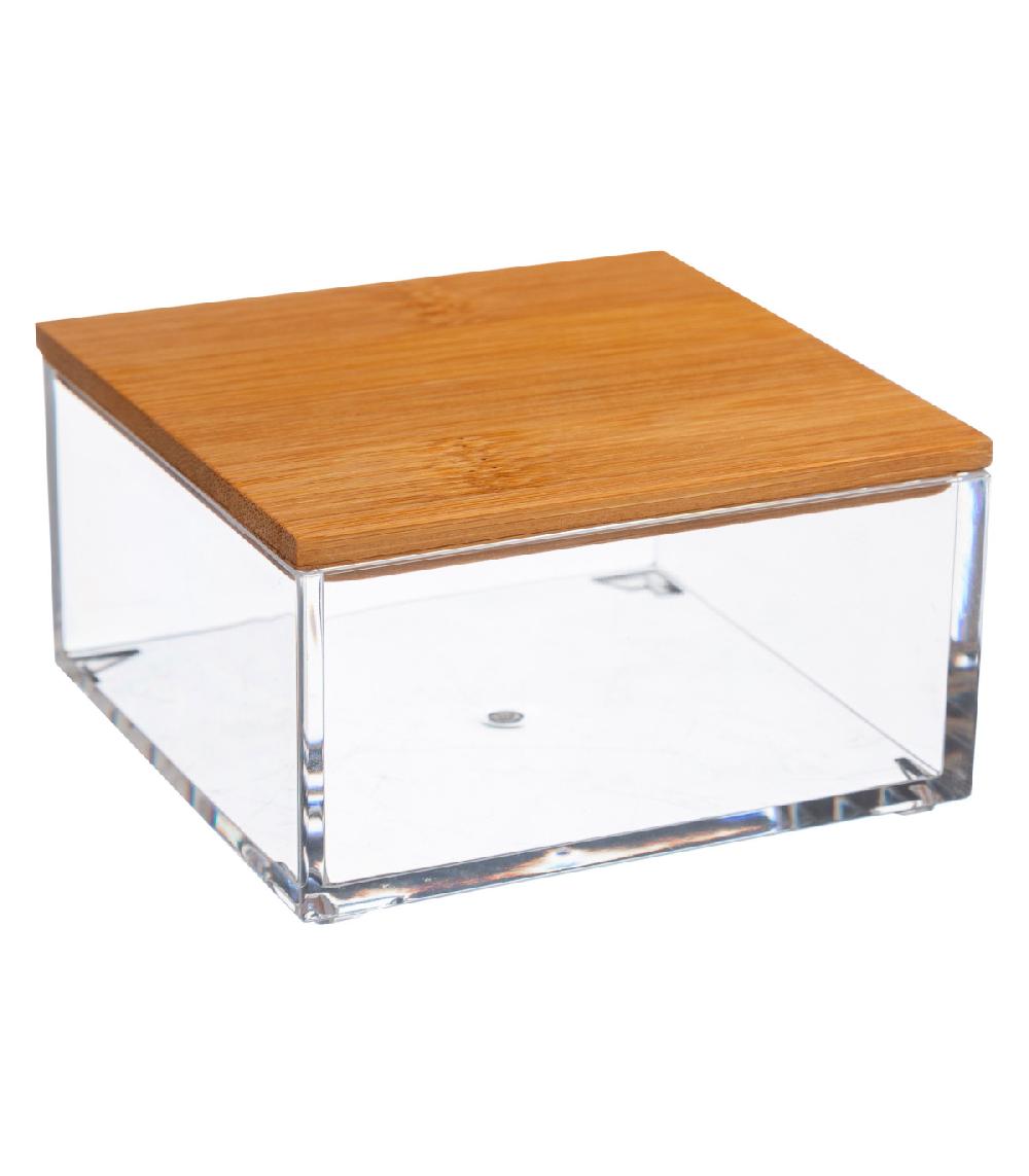wadiga Boîte salle de bain carrée transparent et bambou - 9.6x9.6x5.1cm