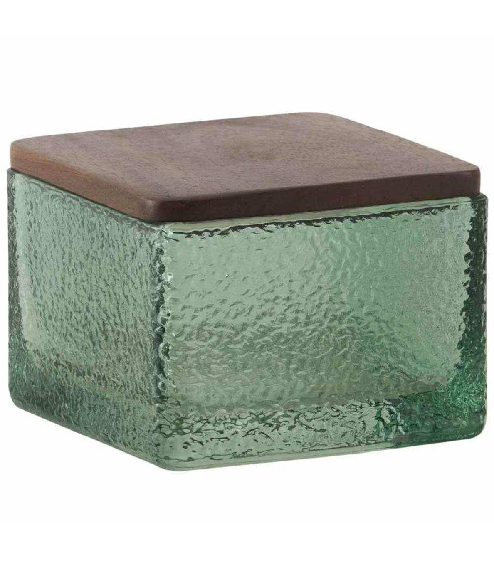 wadiga Boîte salle de bain en verre martelé vert et bois 10x10x7.5cm