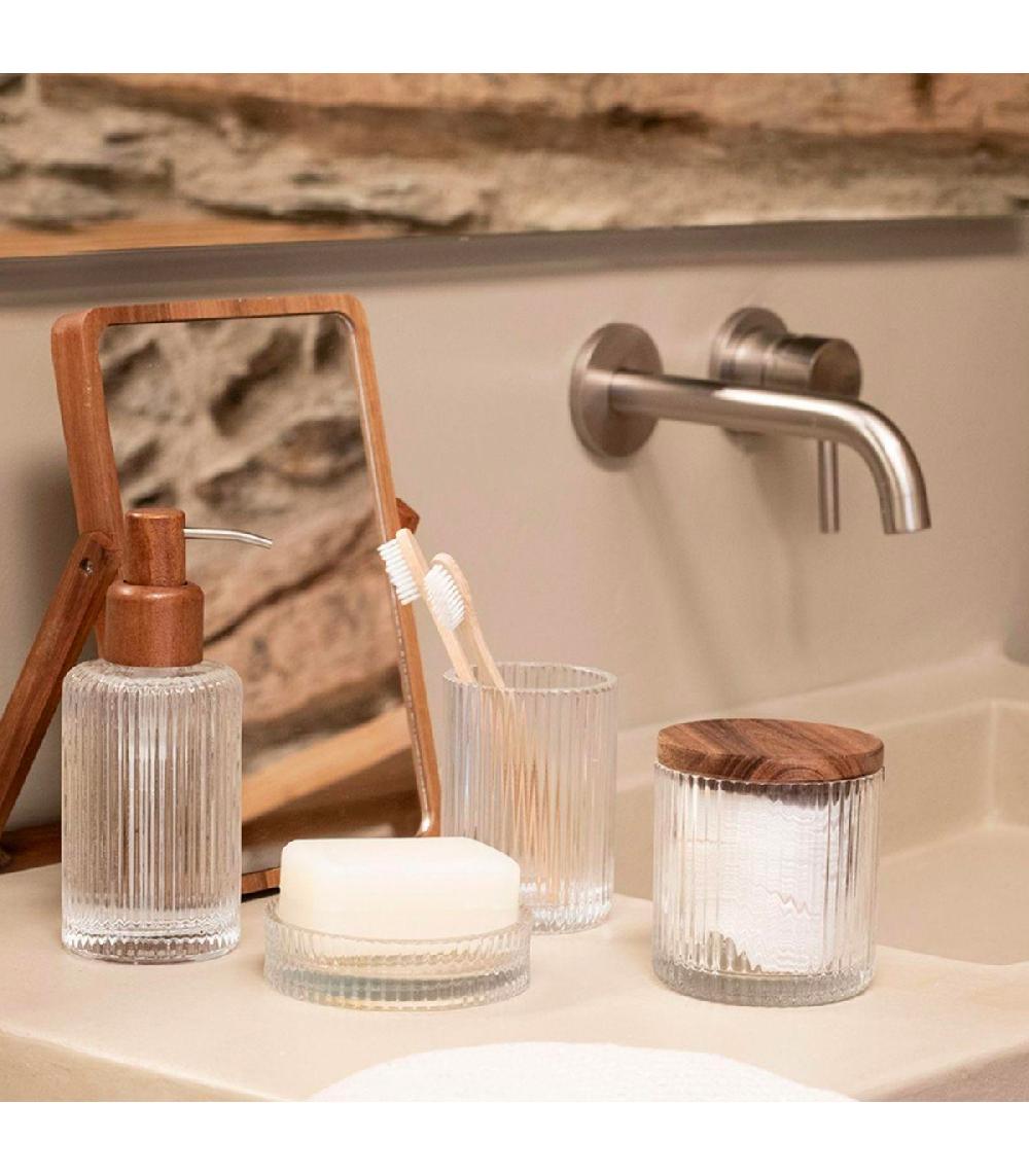 Wadiga Boîte Salle De Bain En Verre Strié Et Acacia 9.5x9.5x9cm