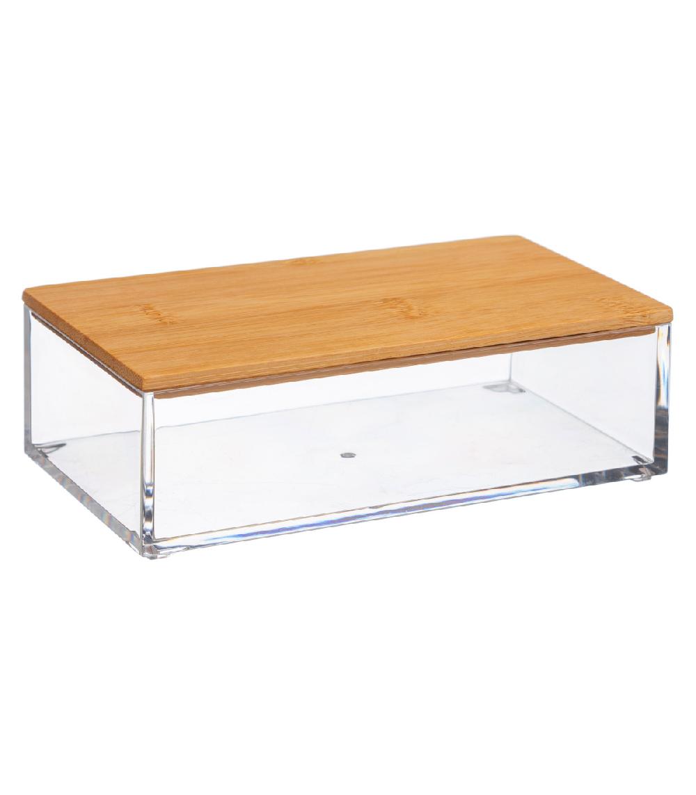 wadiga Boîte salle de bain rectangulaire transparent et bambou - 16x9.6x5.1cm
