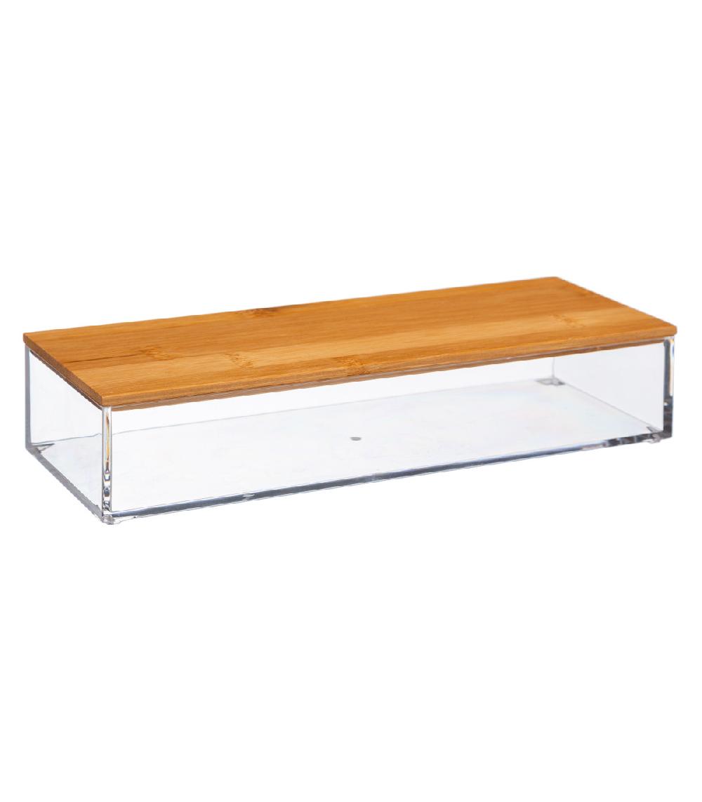 wadiga Boîte salle de bain rectangulaire transparent et bambou - 25.6x9.6x5.1cm