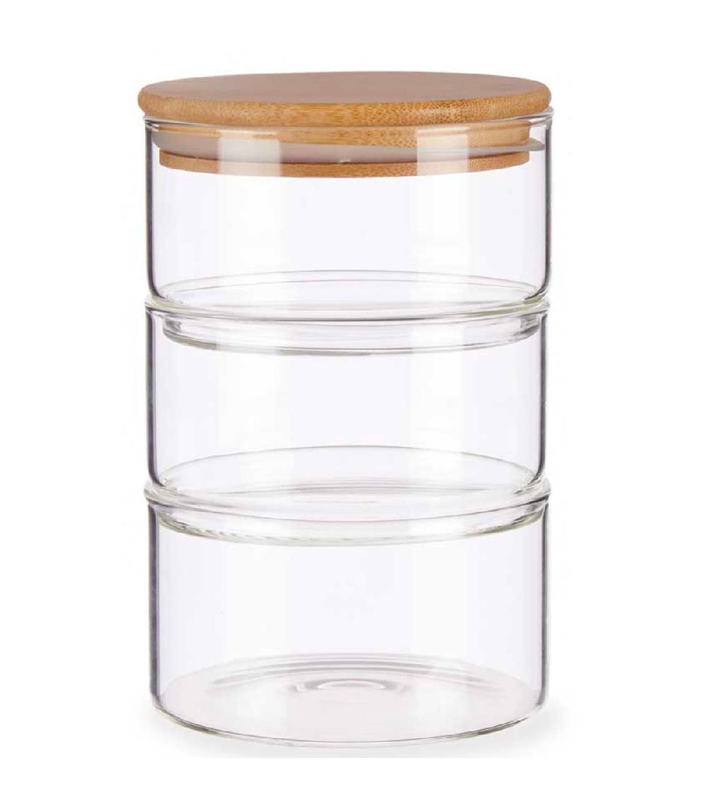 wadiga Bonbonnière en verre 3 étages et bouchon hermétique bambou