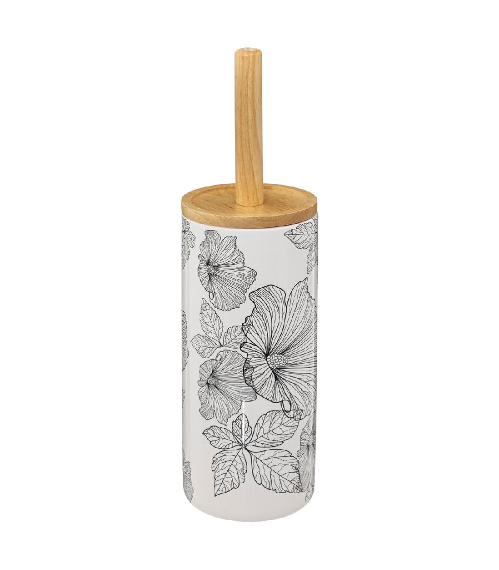 wadiga Brosse WC céramique et bois motif floral 10.5x10.5x37.5cm
