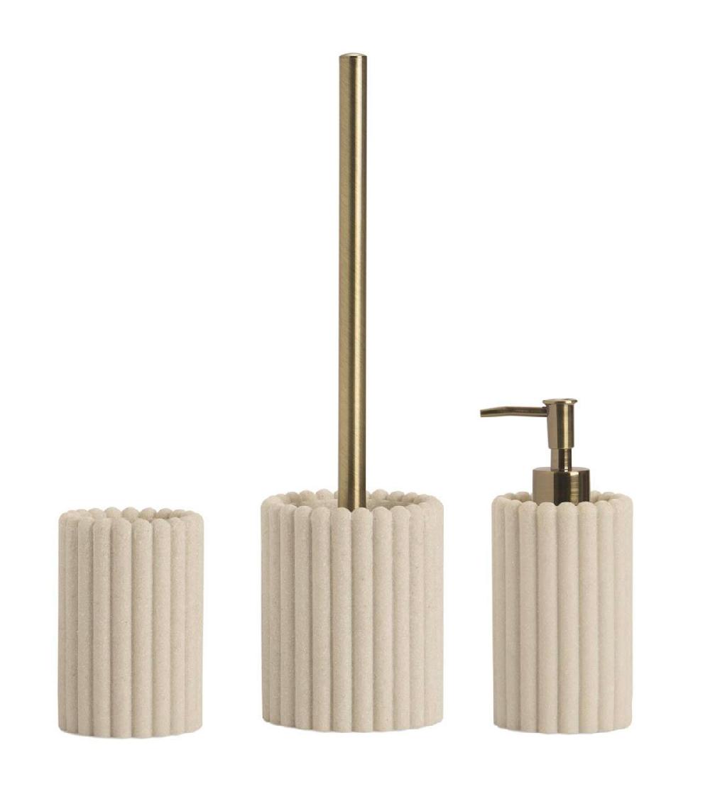Wadiga Brosse WC En Résine Beige Stries Et Métal Doré 10x10x36cm