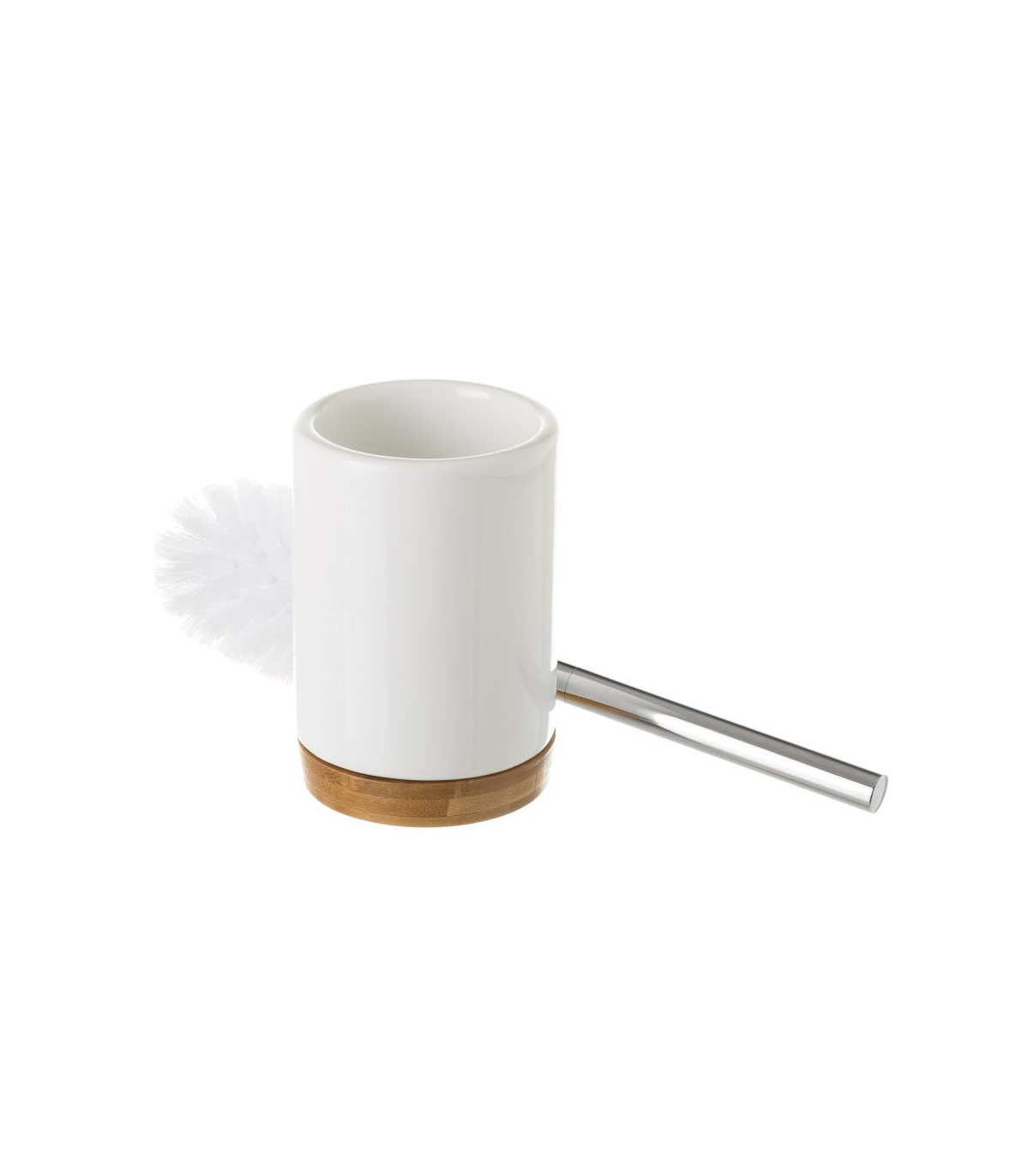 Wadiga Brosse WC Ronde Céramique Blanche Et Bambou 10x10x38.5cm