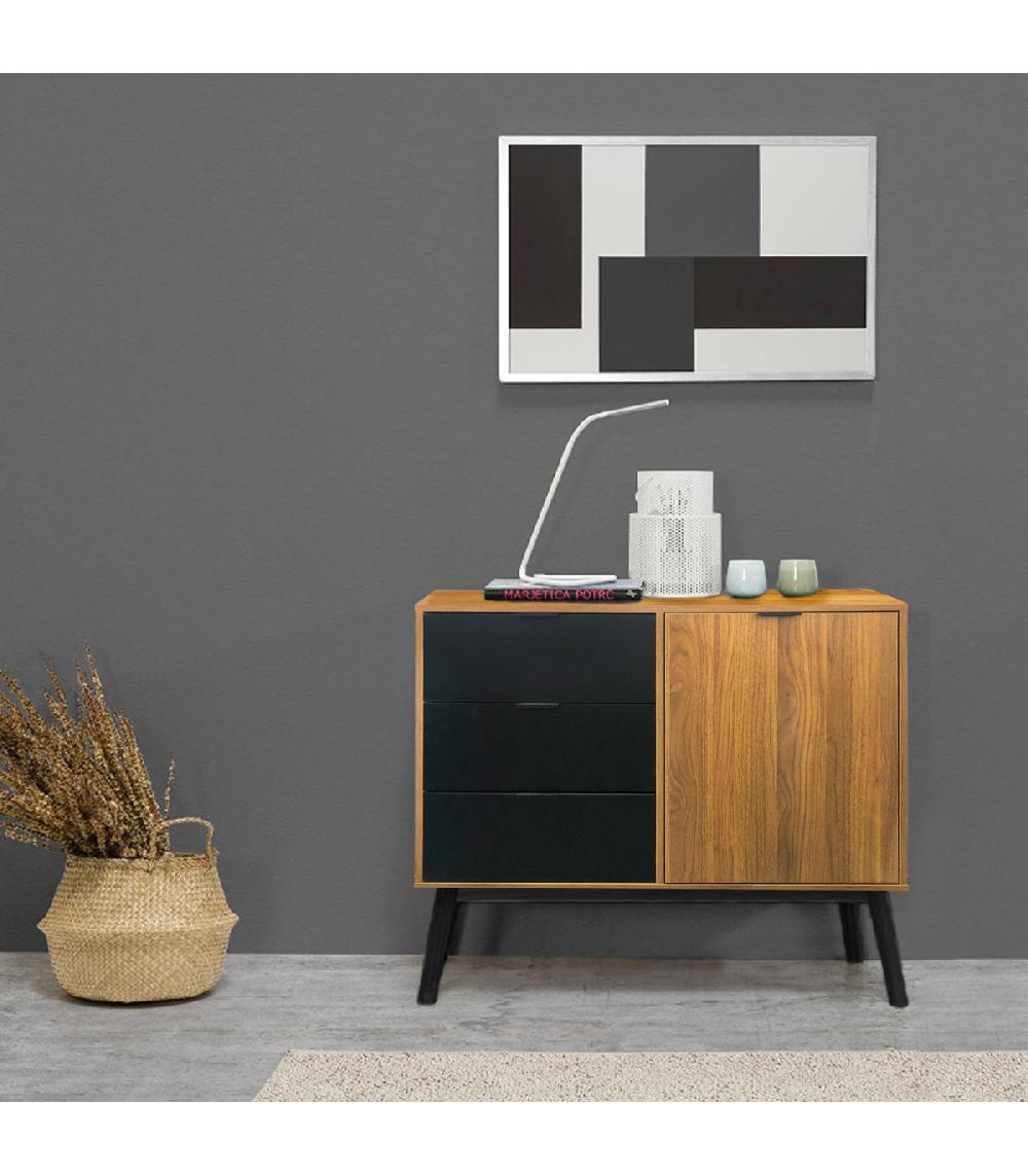 Wadiga Buffet 1 Porte 3 Tiroirs Bois Et Noir 95x40x80cm