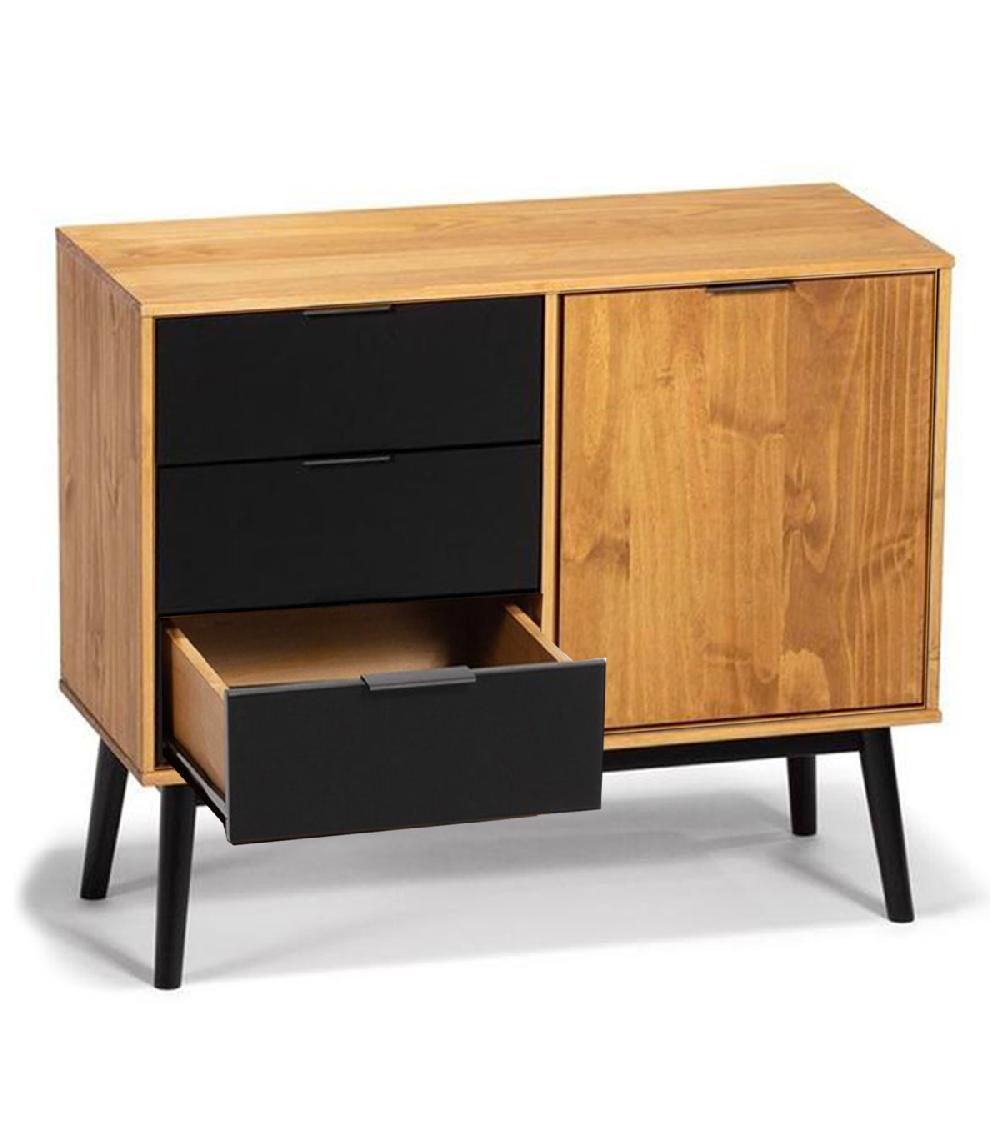 Wadiga Buffet 1 Porte 3 Tiroirs Bois Et Noir 95x40x80cm