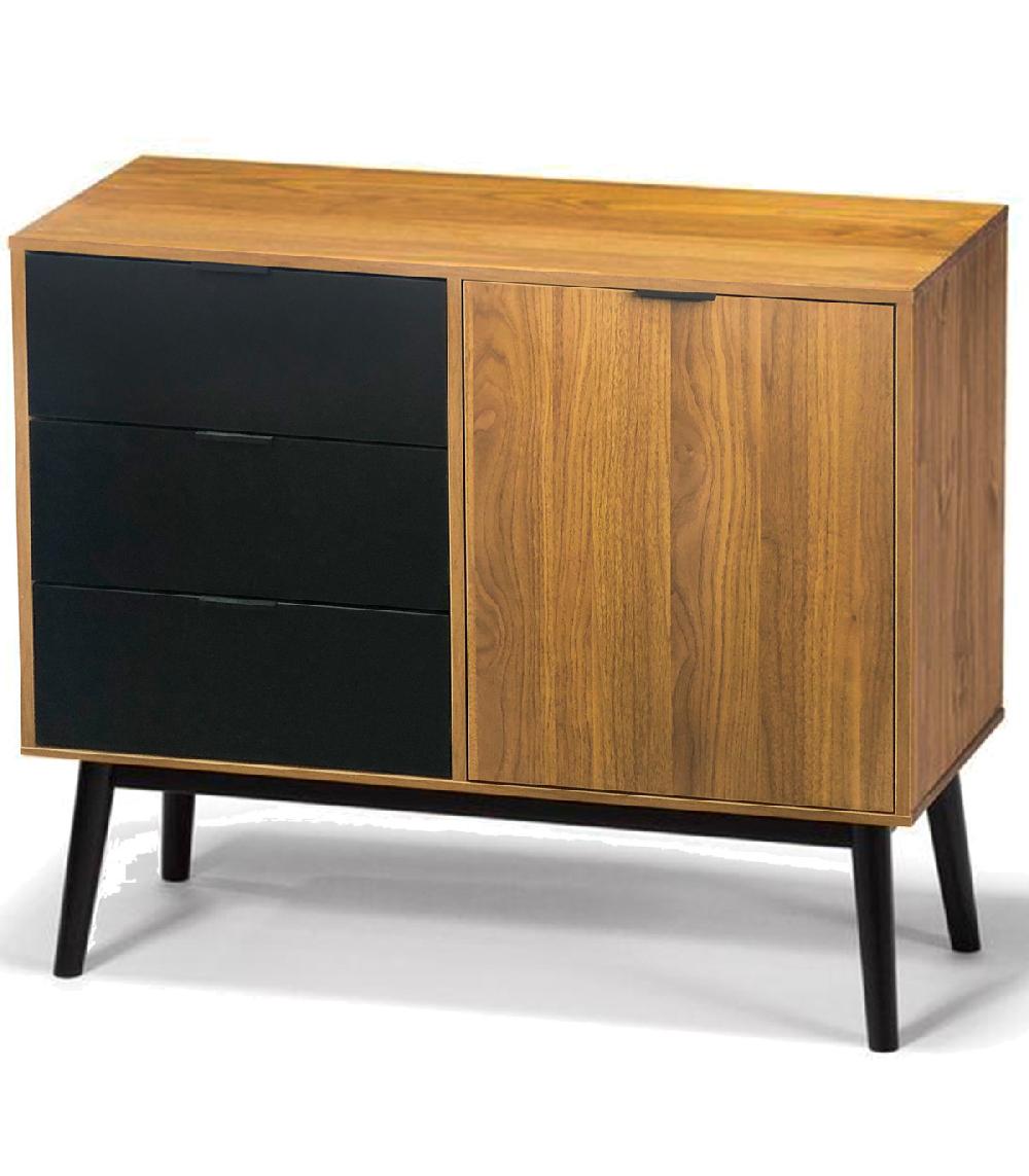 wadiga Buffet 1 porte 3 tiroirs bois et noir 95x40x80cm