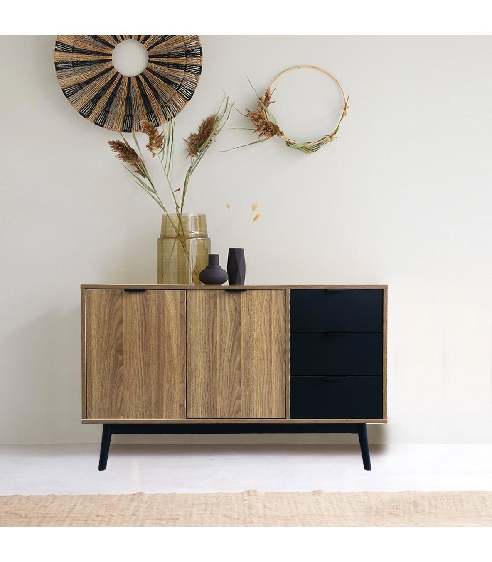 Wadiga Buffet 2 Portes 3 Tiroirs Bois Et Noir 120x40x75cm