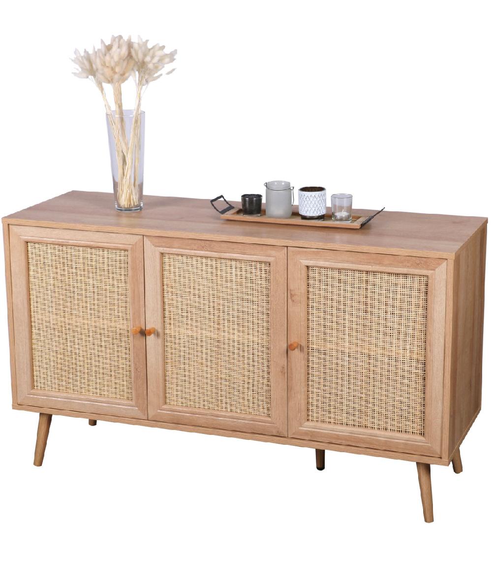 Wadiga Buffet 3 Portes Bois Et Maillage Rotin 120x39x70cm