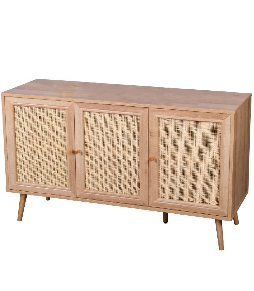 wadiga Buffet 3 Portes bois et maillage rotin 120x39x70cm