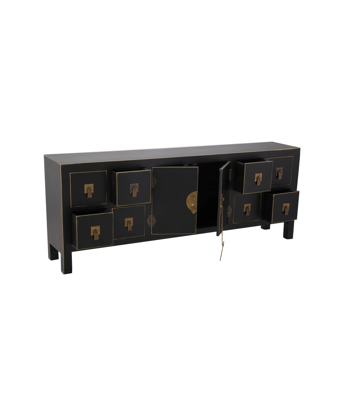 Wadiga Buffet Chinoiserie En Bois Noir Et Doré 1 Porte Et 8 Tiroirs